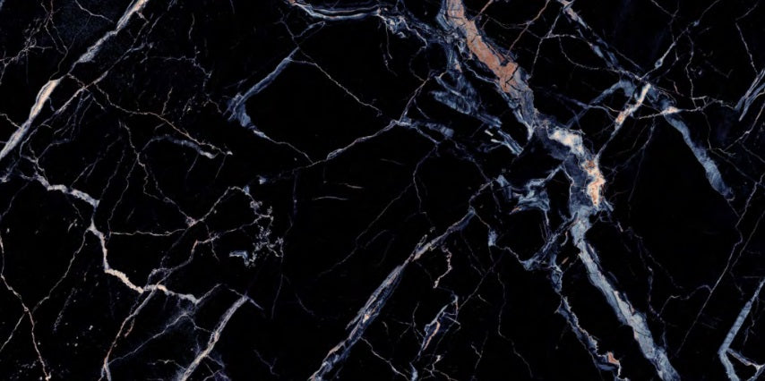 Van Gogh Blue polished porcelain tile with a black and blue marble design, for floors and walls. In a 24x48" size.