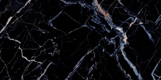 Van Gogh Blue polished porcelain tile with a black and blue marble design, for floors and walls. In a 24x48" size.