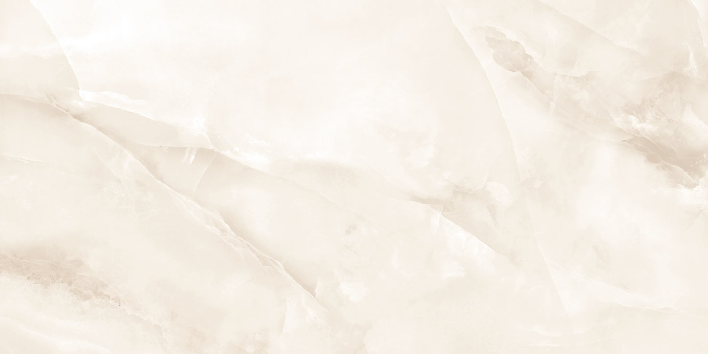 Venus Sand polished porcelain tile with a beige onyx design, for floors and walls. Made in Spain, in a 24x48" size.