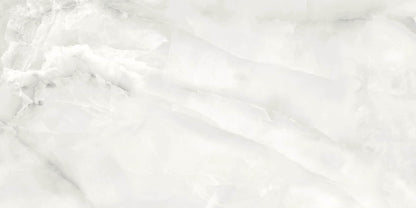 Venus White polished porcelain tile with a white onyx design, for floors and walls. Made in Spain, in a 24x48" size.