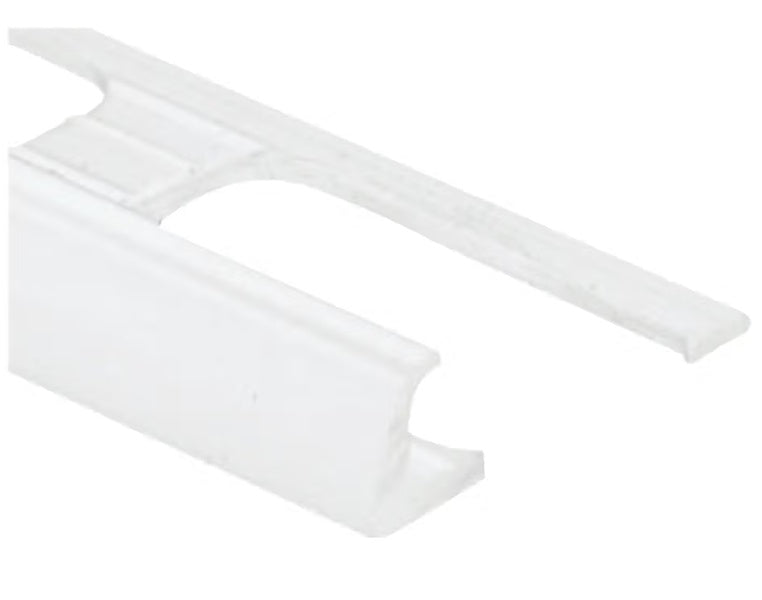 White coloured vinyl plastic tile moulding/trim with a 3/8" or 1/4" thickness.