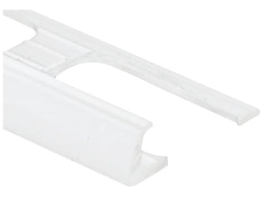 White coloured vinyl plastic tile moulding/trim with a 3/8" or 1/4" thickness.