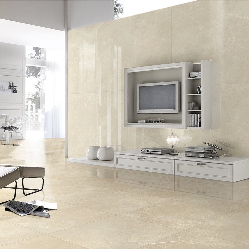 Vision Sand beige stone look polished porcelain tile for floor and wall made in Italy. Installed in room.