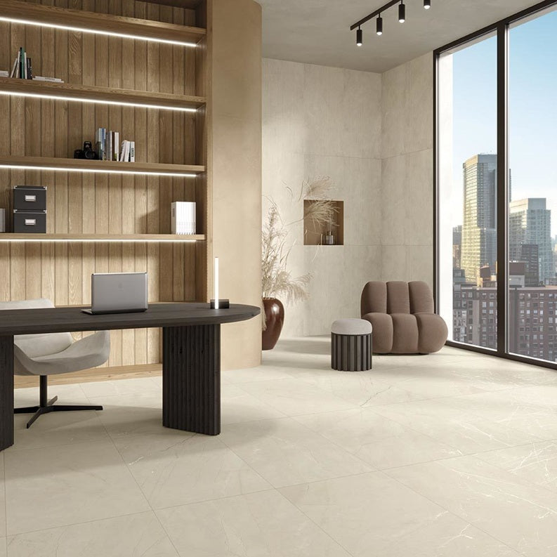 City Walk Ivory stone look matte porcelain tile for floor and wall made in Italy. Installed in a room.