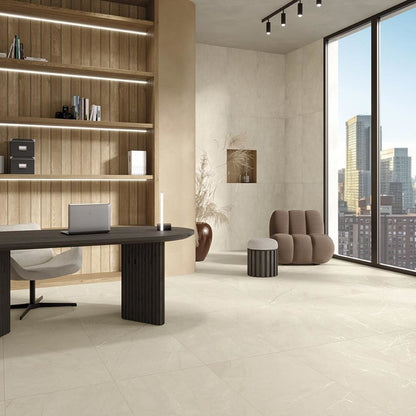 City Walk Ivory stone look matte porcelain tile for floor and wall made in Italy. Installed in a room.