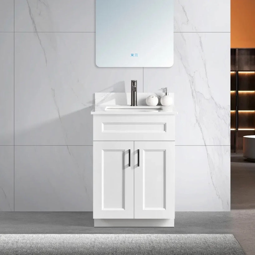 24 inch wood bathroom vanity in a white colour with a white quartz top and black hardware. With two doors.