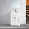 24 inch wood bathroom vanity in a white colour with a white quartz top and black hardware. With two doors.