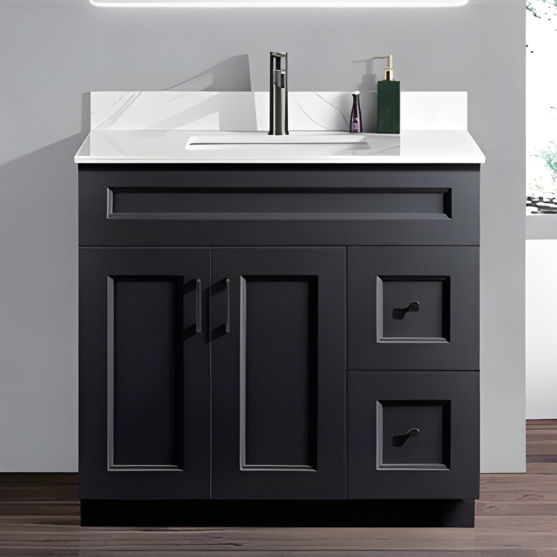 36 inch wood bathroom vanity in a black colour with a carrara quartz top and black hardware. With doors and drawers.