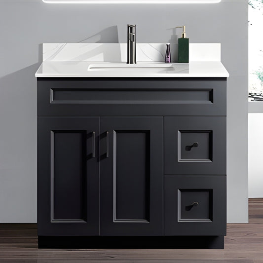 36 inch wood bathroom vanity in a black colour with a carrara quartz top and black hardware. With doors and drawers.