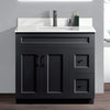 36 inch wood bathroom vanity in a black colour with a carrara quartz top and black hardware. With doors and drawers.