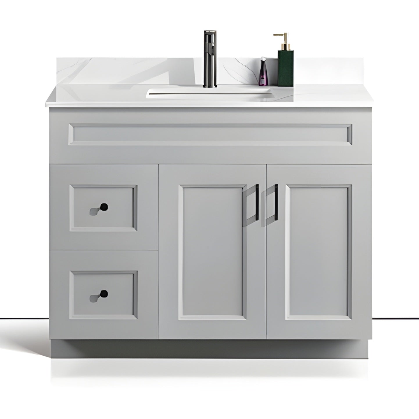 42 inch wood bathroom vanity in a grey colour with a carrara quartz top and black hardware. With doors and drawers.