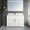 48 inch wood bathroom vanity in a white colour with a carrara quartz top and black hardware. With doors and drawers.
