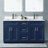 60 inch blue wood bathroom vanity with a white carrara quartz top, two chrome faucets, and brushed nickel handles.