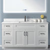 60 inch white wood bathroom vanity with a white carrara quartz top, a chrome faucet, and black handles.