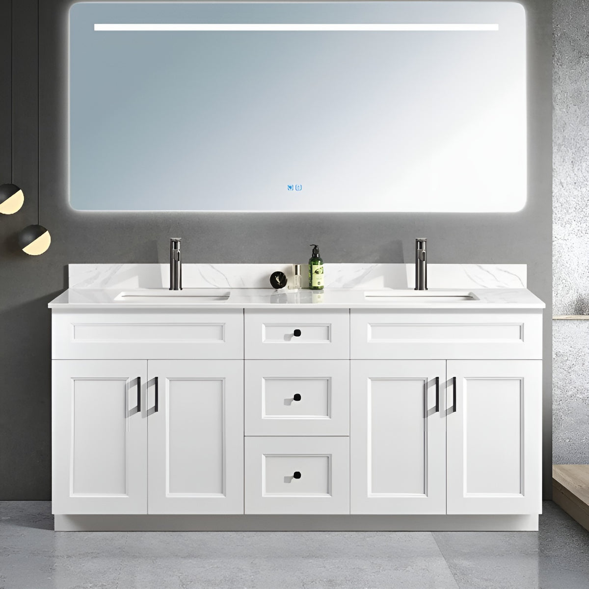 72 inch white MDF bathroom vanity with a white carrara quartz top,  two chrome faucets, and black handles. Upscaled.