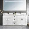 72 inch white MDF bathroom vanity with a white carrara quartz top,  two chrome faucets, and black handles.