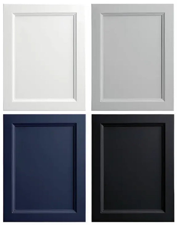 Four available cabinet colours for prebuilt solid wood bathroom vanities, including white, grey, blue, and black.
