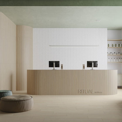 Woodlay Oak matte porcelain tile with a fluted wood design, for feature walls. Made in Spain, installed in a room.