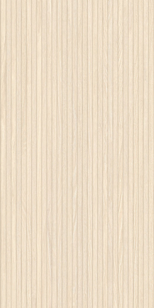 Woodlay White matte porcelain tile with a fluted wood design, for feature walls. Made in Spain, in a 24x48" size.